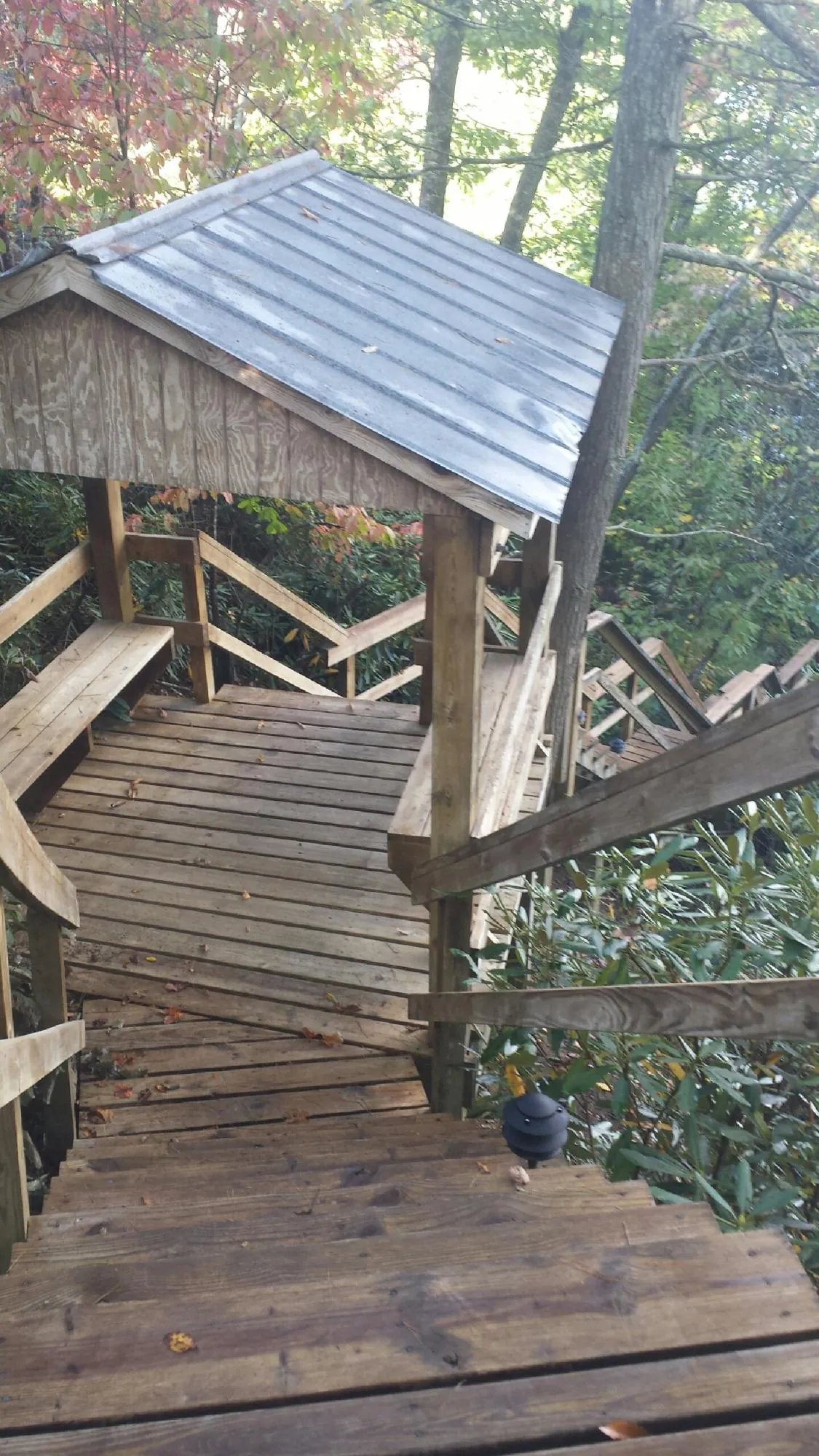 Metal roofed shelter over wooden steps on a wooded walkway — Skylight Repair & Installation work by our crew in Yarnell